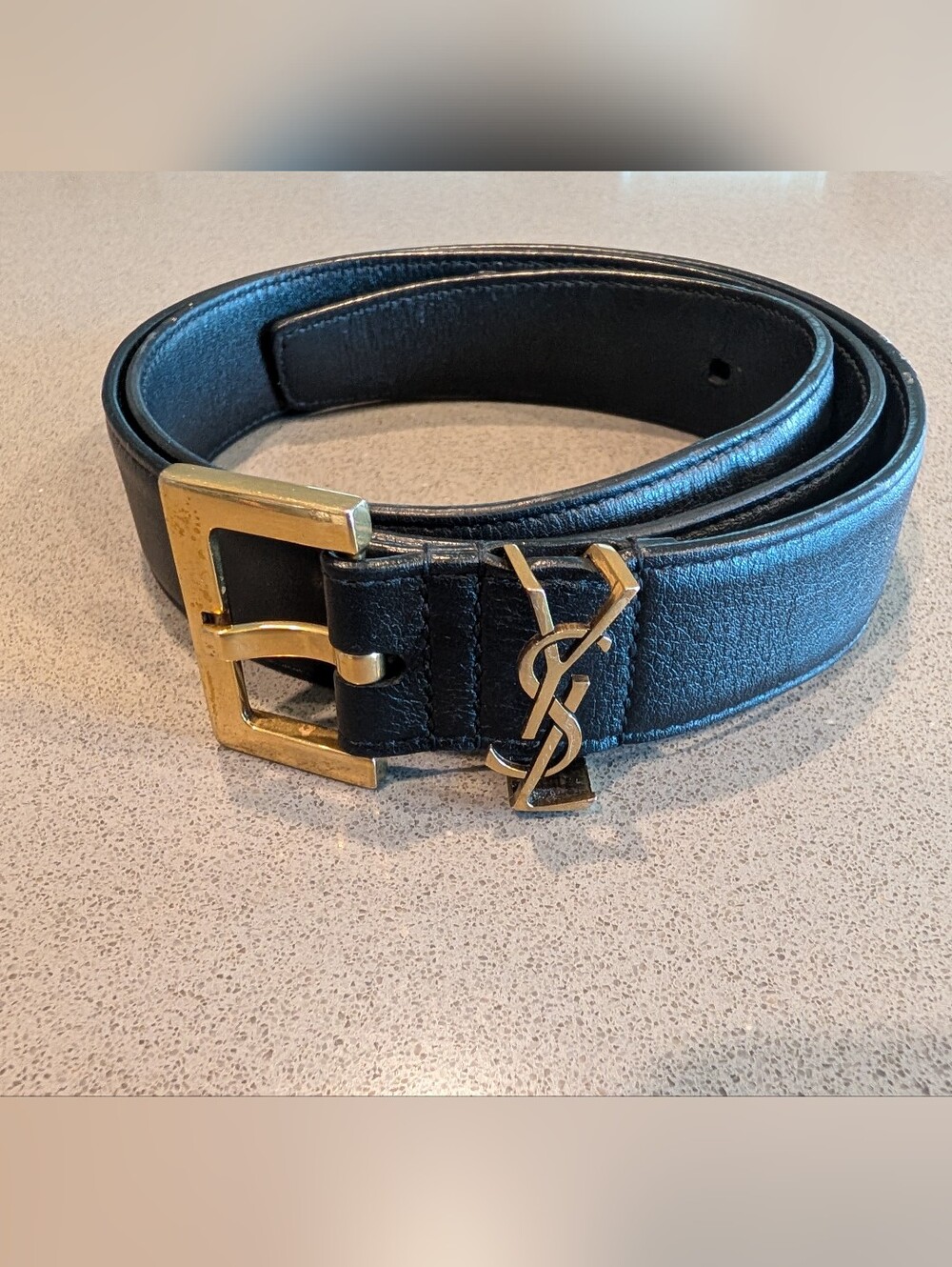 Yves Saint Laurent Black Leather Belt with Gold YSL Logo